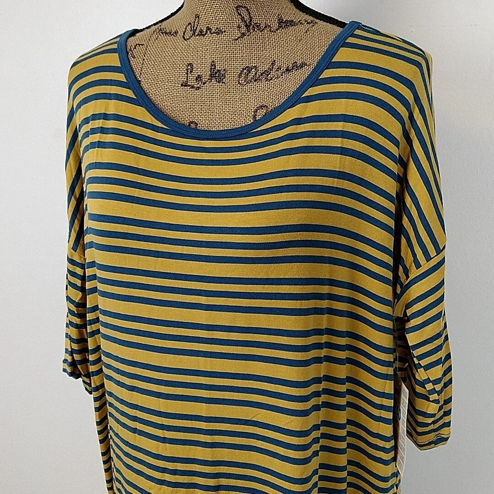 LuLaRoe Irma Tunic Top Womens Small Mustard Navy Blue Striped High Low Relaxed